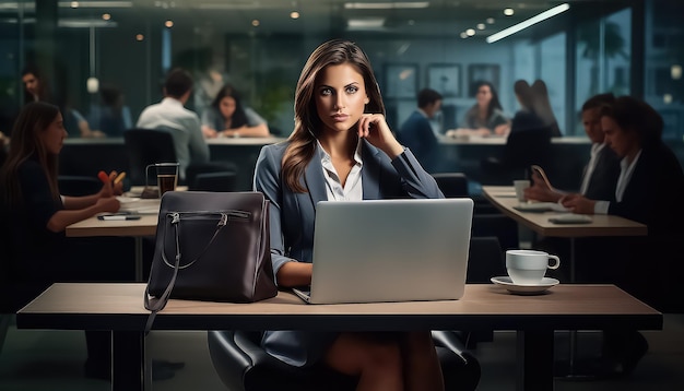 Frau sitzt mit Laptop am Schreibtisch im modernen Büro