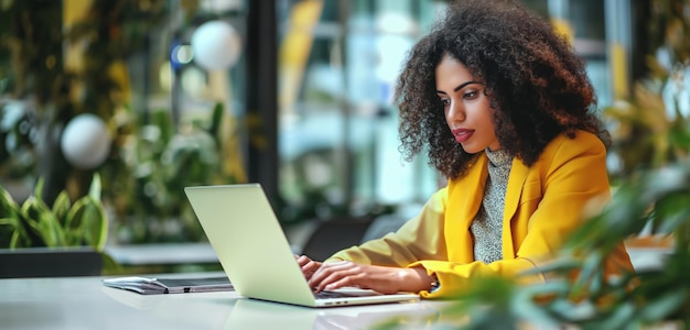 Frau sitzt mit Laptop am Tisch