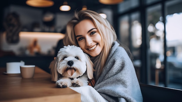 Frau sitzt mit süßem Hund im Restaurant Konzept für haustierfreundliche Orte Konzept der emotionalen Unterstützung