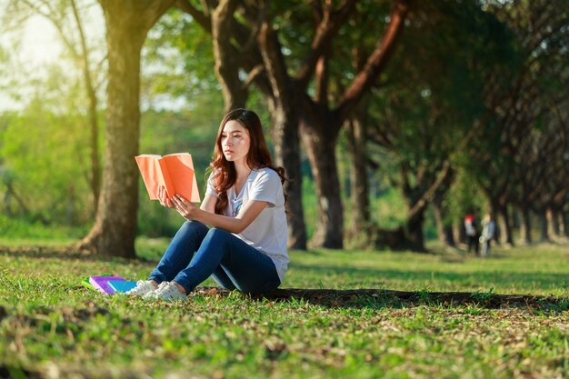 Frau sitzt und liest ein Buch im Park