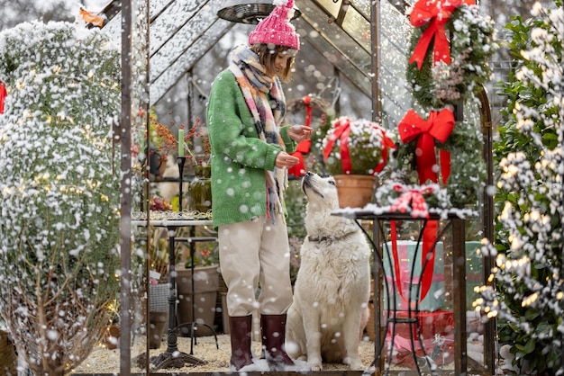 Frau spielt mit ihrem Hund während der Winterferien im Hinterhof