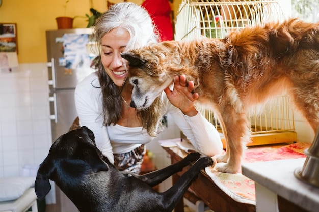 Foto frau spielt mit ihren hunden und parrotten an einem fenster.