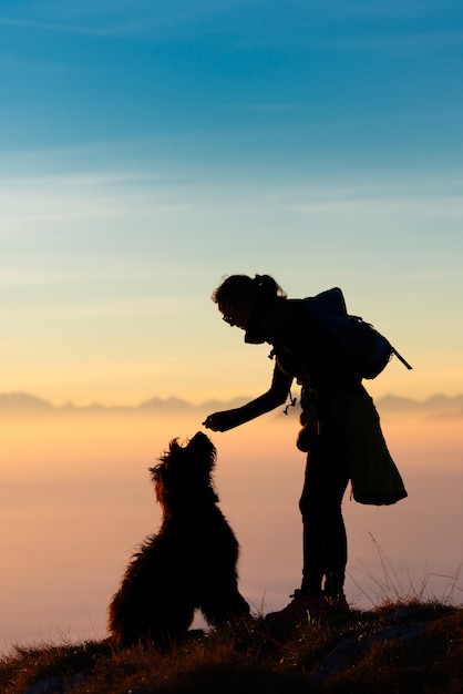 Frau spielt und trainiert mit ihrem Schäferhund vor einiger Zeit, um einen Keks zu sehen