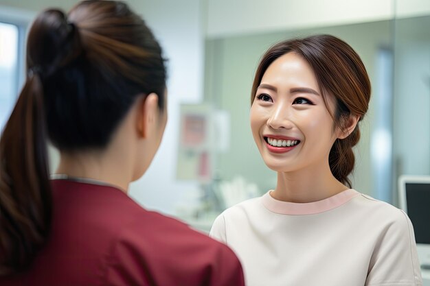 Frau spricht mit Zahnarzt in Zahnklinik