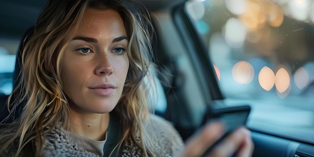 Foto frau starrt während der fahrt auf den telefonbildschirm und genießt moderne technologie konzepttechnologie fahrt mit dem smartphone