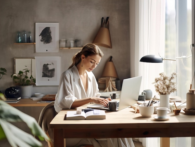 Frau startet ein Online-Geschäft. Junge Europäerin arbeitet mit ihrem Laptop in einem modernen Büro