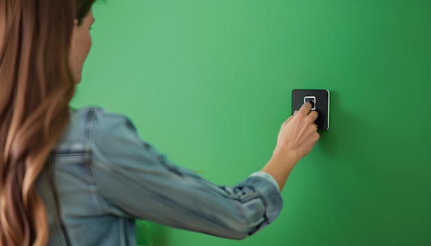 Foto frau steckt einen schwarzen wifi-repeater in eine steckdose an der grünen wand