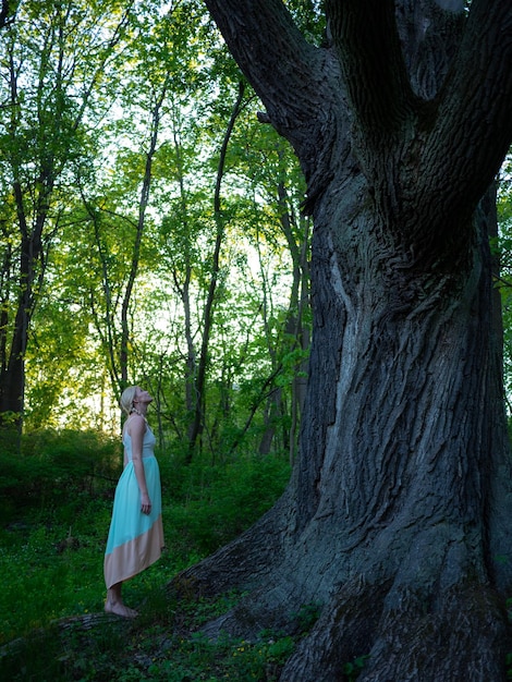 Foto frau steht am baum im wald