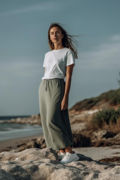 Frau steht am Strand und trägt ein weißes T-Shirt