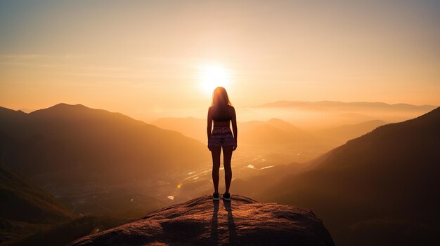 Frau steht auf dem Gipfel eines Berges mit erhobenen Armen bei Sonnenaufgang Generative KI