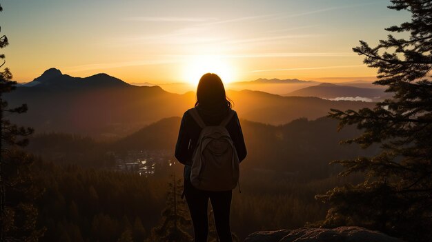 Foto frau steht auf dem gipfel eines berges mit erhobenen armen bei sonnenaufgang generative ki