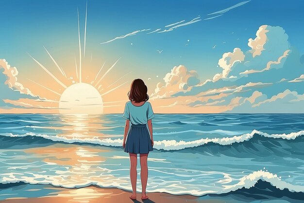 Foto frau steht auf dem meer und schaut auf die sommerhimmel-vektorillustration