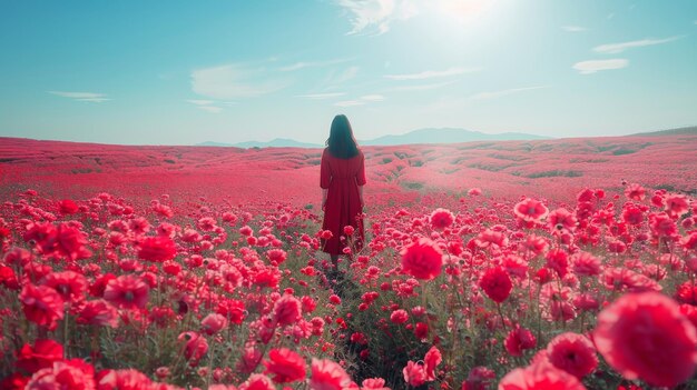 Frau steht auf einem Feld mit rosa Blumen