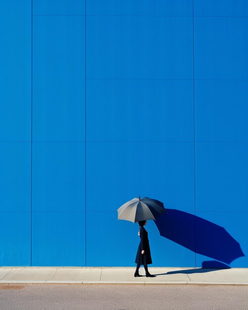 Foto frau steht blaue wand hält blau unter regenschirm bild ai generated image