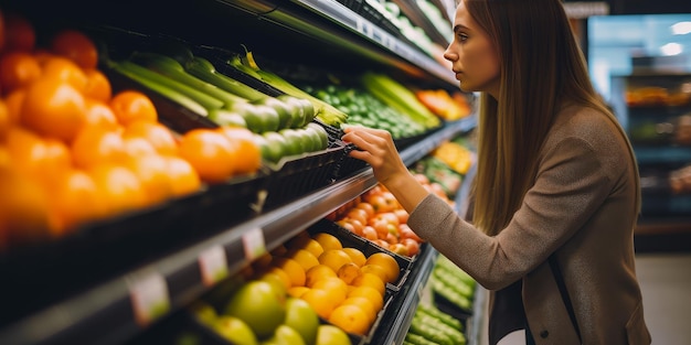 Frau steht in der Gemüseabteilung des Supermarkts Dame wählt frisches Obst und Gemüse aus Generative KI