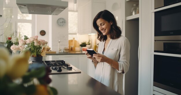 Foto frau steht in der küche und schaut auf ihr handy