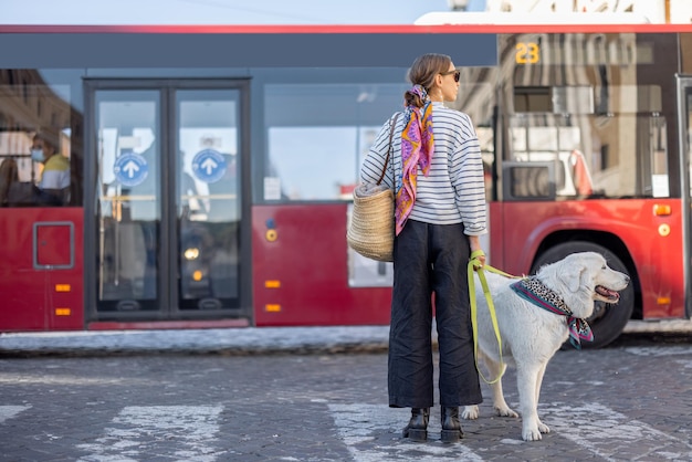 Frau steht mit einem Hund an einer Bushaltestelle