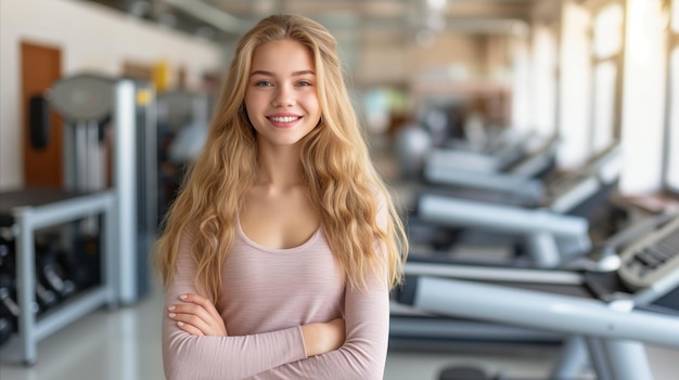 Frau steht mit gekreuzten Armen im Fitnessstudio