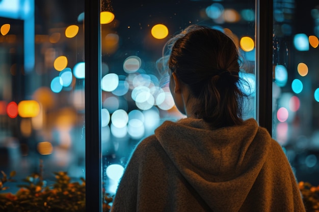 Frau steht vor dem Nachtfenster