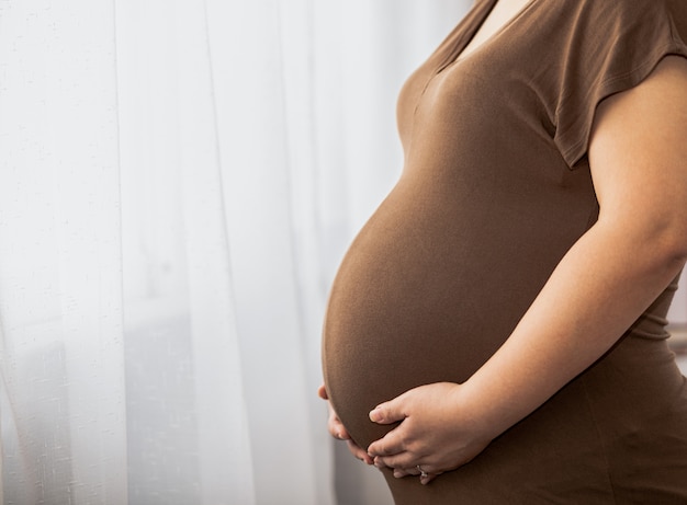 Frau streichelte ihren schwangeren Bauch am Fenster