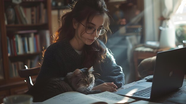 Frau studiert mit Katze im leichten Akademie-Stil Home Office