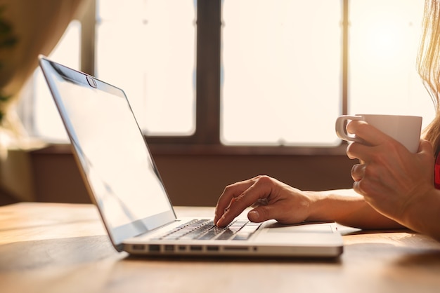 Frau surft im Internet mit ihrem Laptop. Sie arbeitet zu Hause als kluges Arbeiten