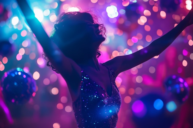 Frau tanzt im Club mit lebendigen Lichtern und Discokugeln, Freude und Nachtleben-Konzept