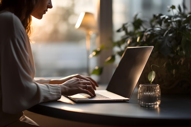 Foto frau tippt auf laptop mit pflanze auf tisch