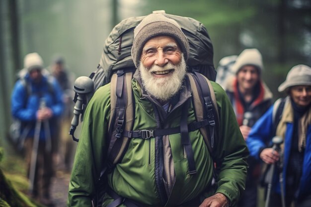 Foto frau tourist mann alter lebensstil gesunder rucksack im freien paar natur pensionierte freizeit generative ki