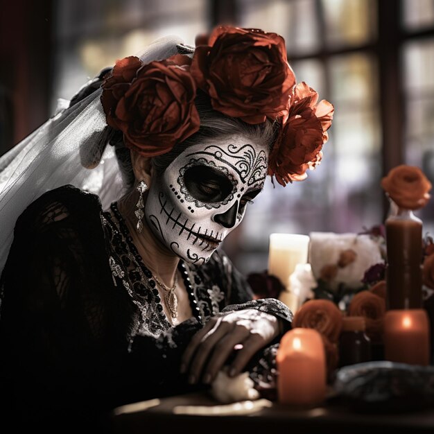 Frau trägt ein Tag-der-Toten-Kostüm mit Gesichts-Make-up