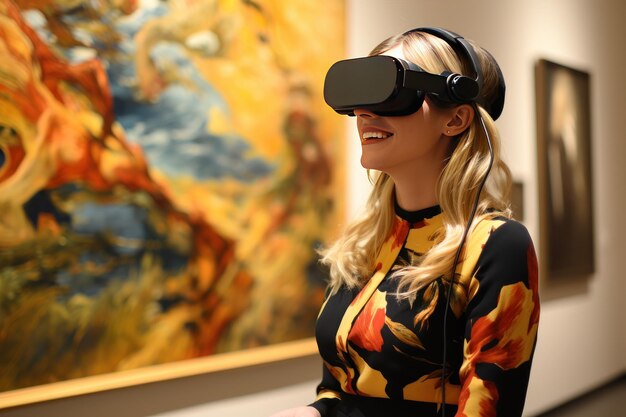 Foto frau trägt ein vr-gerät und schaut sich die kunstausstellung generate with ai an