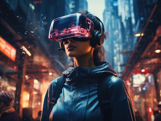 Frau trägt ein VR-Headset, futuristische virtuelle Welt, digitale Kunstillustration und farbenfrohe generative KI