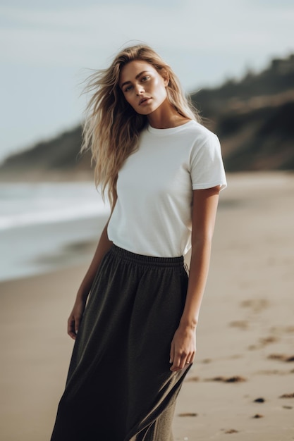 Frau trägt ein weißes T-Shirt und einen Rock am Strand