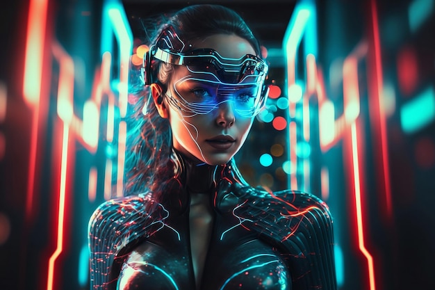 Frau trägt eine futuristische Brille mit dem Wort Cyberpunk Digitaltechnik Metaverse Avatar