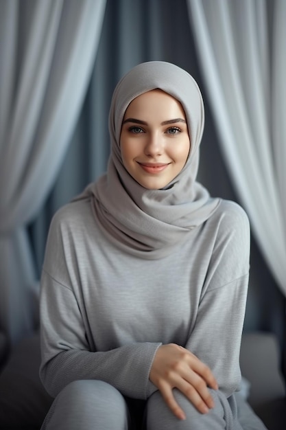 Frau trägt modischen, trendigen Hijab im grauen Innenraum