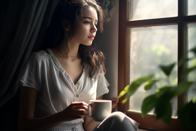 Frau trinkt morgens glücklich Kaffee am Fenster
