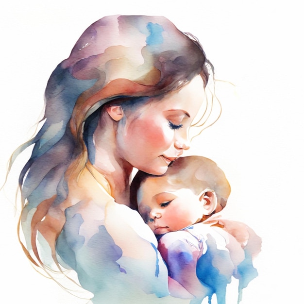 Frau umarmt Baby-Aquarellillustration Generative KI