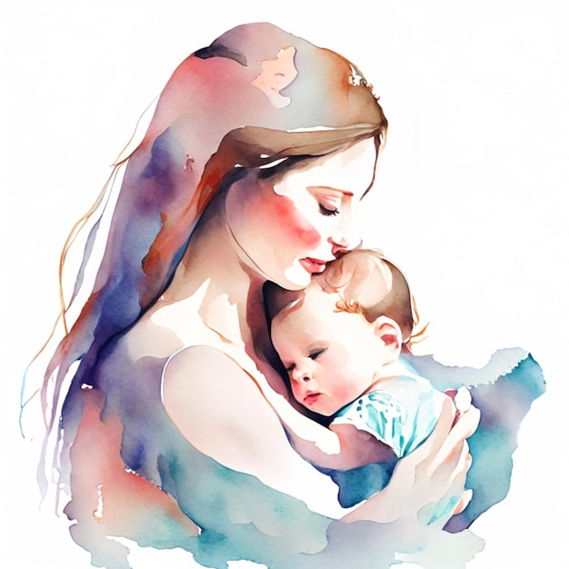Frau umarmt Baby-Aquarellillustration Generative KI