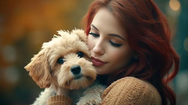 Frau umarmt und küsst zärtlich Hund