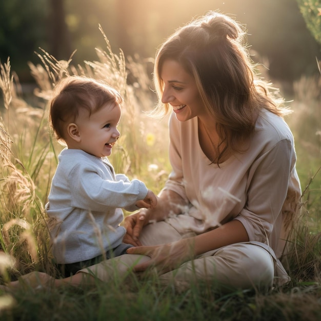 Frau und ein Baby sitzen im Gras