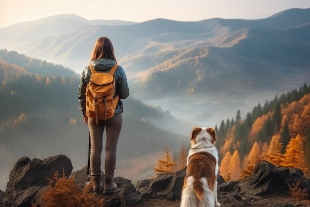 Frau und Hund stehen auf dem Gipfel eines Berges Generative KI
