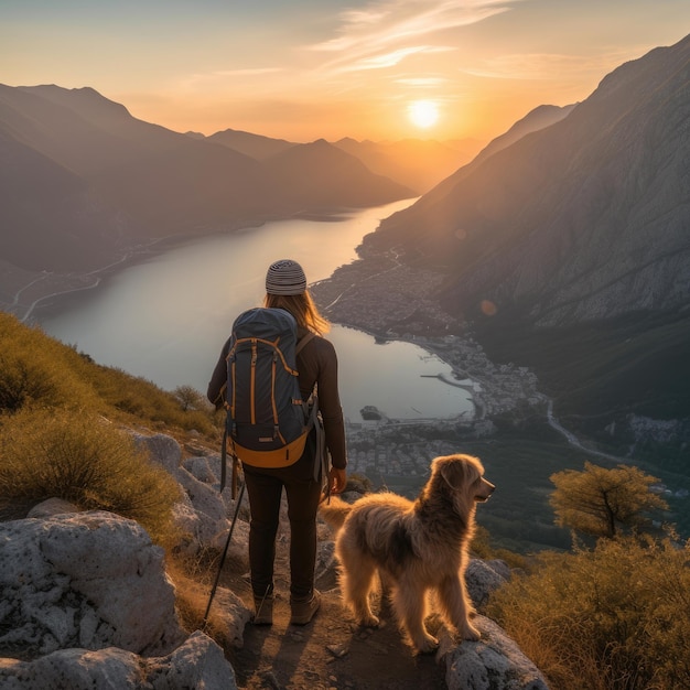 Frau und ihr geliebter Hund stehen auf dem Gipfel eines Berges