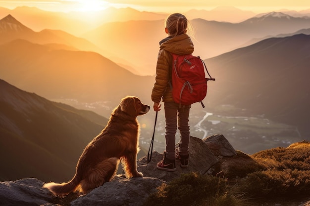 Frau und ihr geliebter Hund stehen auf dem Gipfel eines Berges