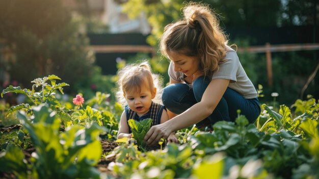 Frau und Kind im blumigen Garten am Muttertag.