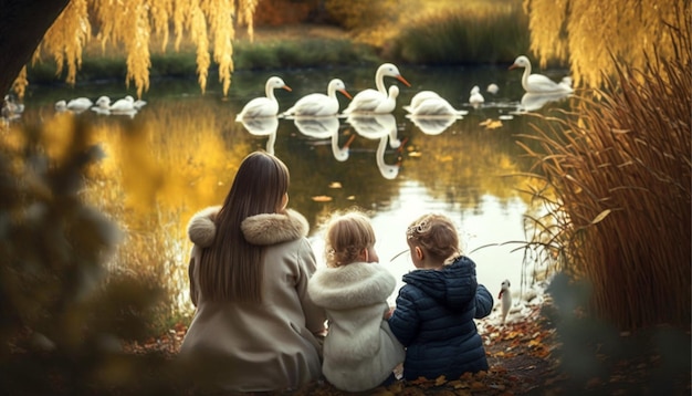 Frau und kleine Kinder beobachten schöne Schwäne in einem See, umgeben von Weidenzweigen