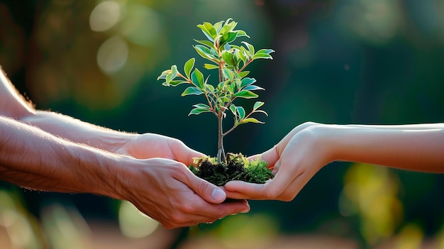 Frau und Mann halten zusammen einen kleinen grünen Baum Erdtag Öko-Konzept Zukunft des Planeten