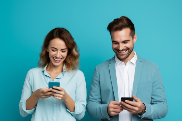 Frau und Mann mit Telefon auf blauem Hintergrund