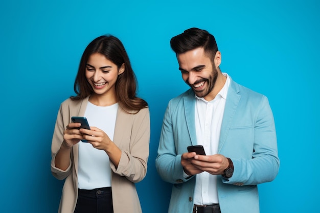 Frau und Mann mit Telefon auf blauem Hintergrund