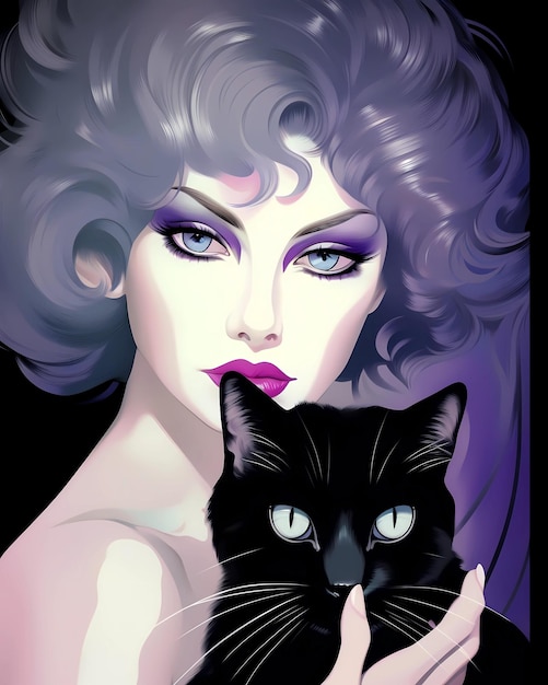 Frau und schwarze Katze im Stil von Patrick Nagel