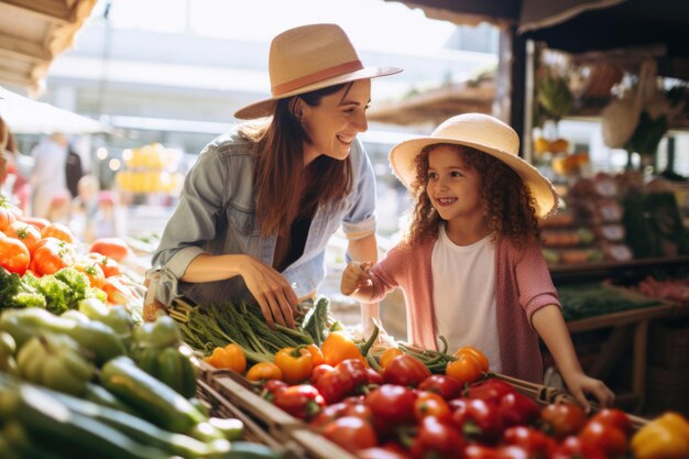 Frau und Tochter wählen Gemüse in einem Straßenladen
